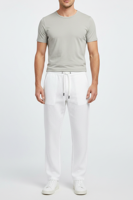 Pantalon Chinois Lin Droit Décontracté Blanc Homme