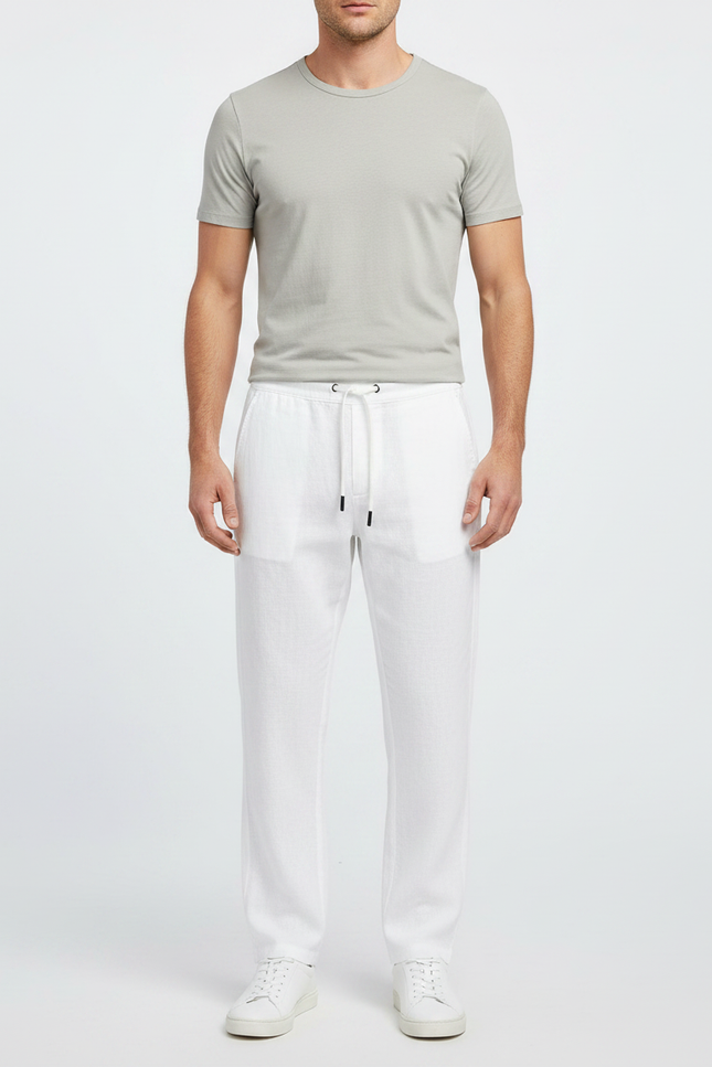 Pantalon Chinois Lin Droit Décontracté Blanc Homme