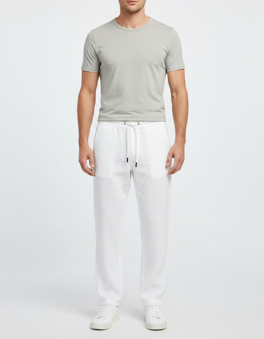Pantalon Chinois Lin Droit Décontracté Blanc Homme