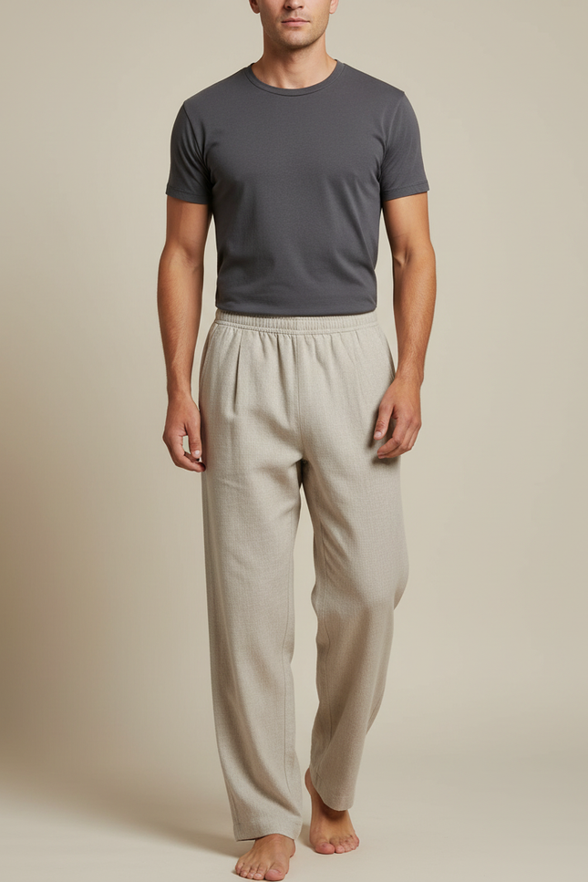 Pantalon Chinois Lin Ample Beige Confortable Homme