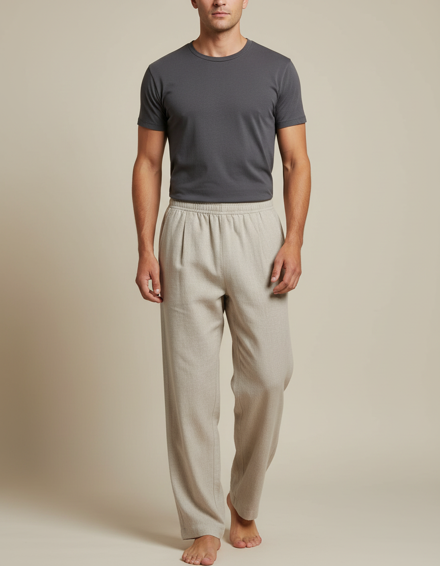 Pantalon Chinois Lin Ample Beige Confortable Homme