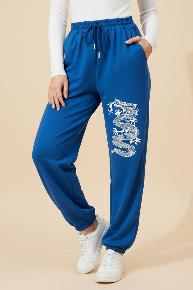 Pantalon Chinois Bleu Dragon Imprimé Jogger Cordon - Molleton