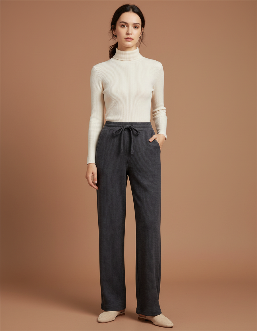 Pantalon Chinois Côtelé Gris Ample Confortable Femme - Cordé