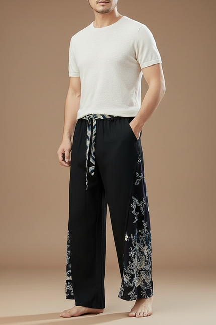 Pantalon Chinois Noir Dragon Ample Fluide Coton Lin