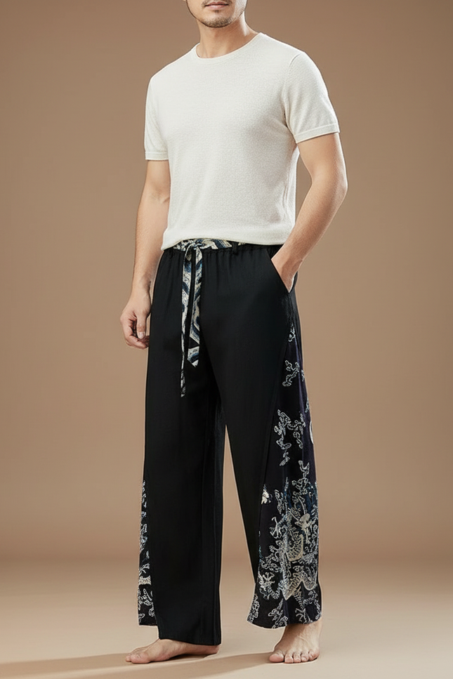 Pantalon Chinois Noir Dragon Ample Fluide Coton Lin