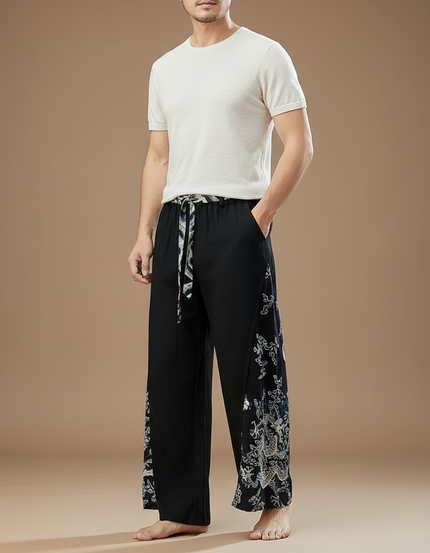 Pantalon Chinois Noir Dragon Ample Fluide Coton Lin