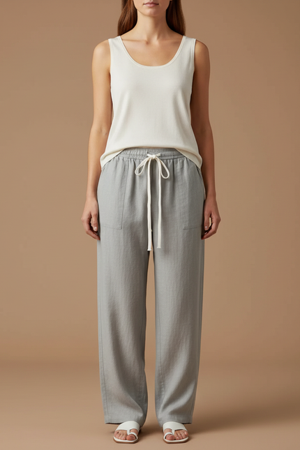 Pantalon Chinois Gris Lin Ample Confortable Décontracté