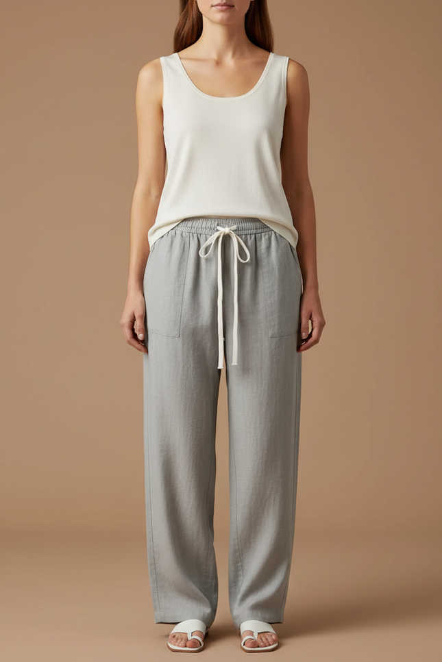 Pantalon Chinois Gris Lin Ample Confortable Décontracté