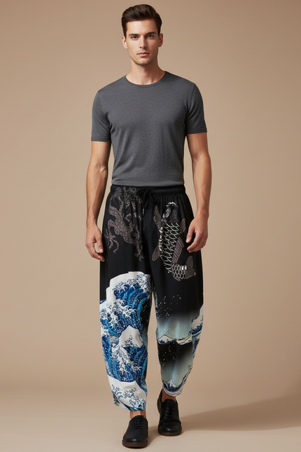 Pantalon Chinois Harem Noir Carpe Vagues Décontracté - Viscose