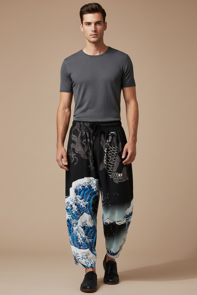 Pantalon Chinois Harem Noir Carpe Vagues Décontracté - Viscose