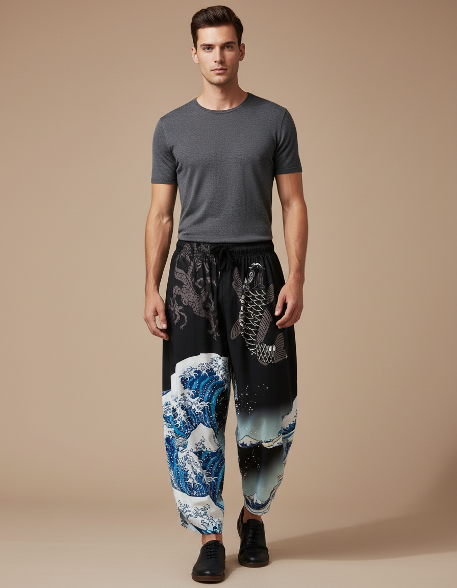 Pantalon Chinois Harem Noir Carpe Vagues Décontracté - Viscose