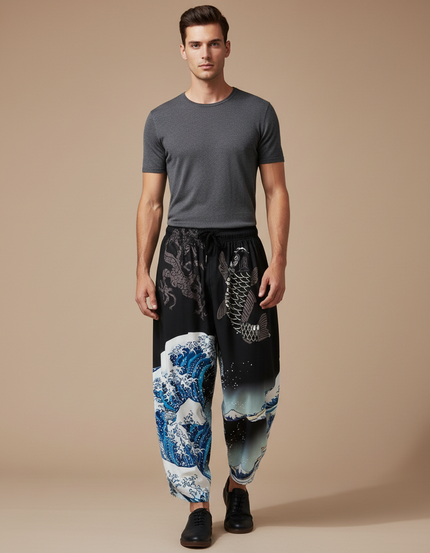 Pantalon Chinois Harem Noir Carpe Vagues Décontracté - Viscose