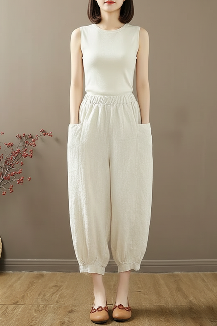 Pantalon Chinois Harem Lin Coton Écru Décontracté - Beige
