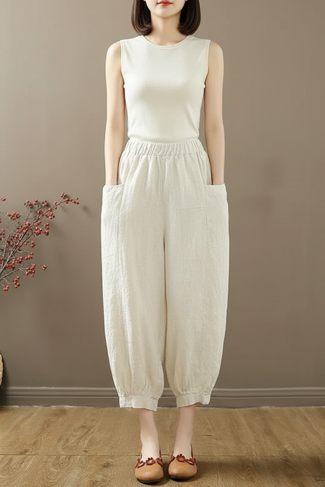 Pantalon Chinois Harem Lin Coton Écru Décontracté - Beige