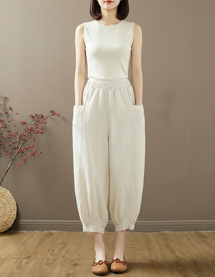 Pantalon Chinois Harem Lin Coton Écru Décontracté - Beige