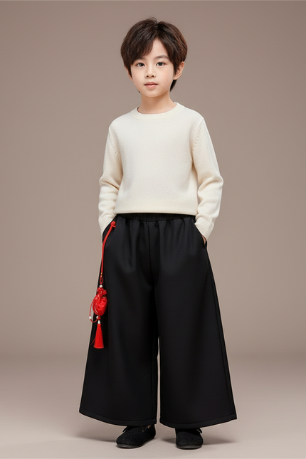 Pantalon Chinois Noir Ample Épais Enfant - Molleton