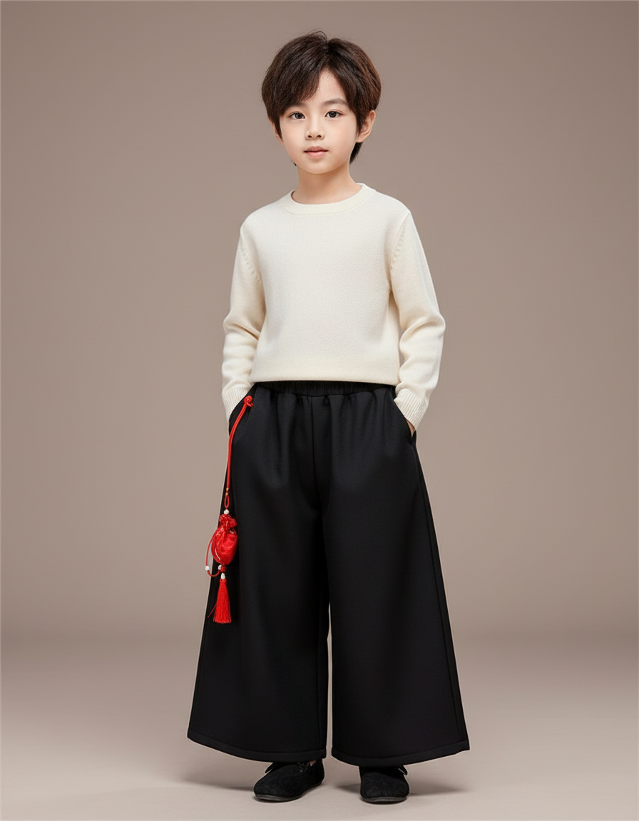 Pantalon Chinois Noir Ample Épais Enfant - Molleton