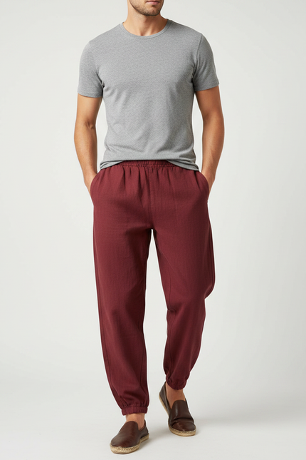Pantalon Chinois Bordeaux Ample Coton Lin Décontracté