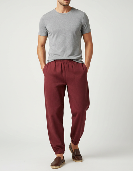 Pantalon Chinois Bordeaux Ample Coton Lin Décontracté
