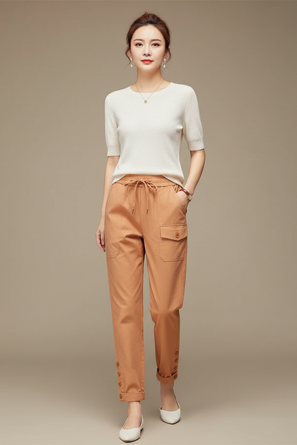 Pantalon Chinois Cargo Lin Ample Boutons Décontracté - Camel