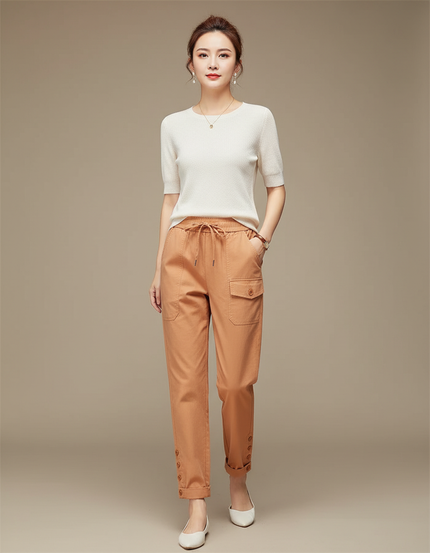 Pantalon Chinois Cargo Lin Ample Boutons Décontracté - Camel