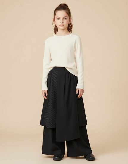 Pantalon Chinois Noir Superposé Ample Fluide Fille - Polyester