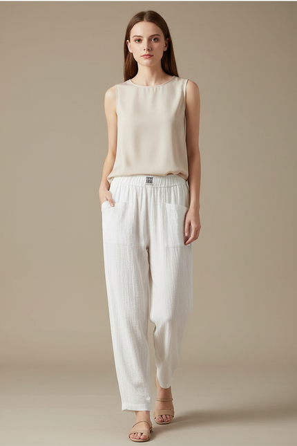 Pantalon Chinois Blanc Ample Texturé Décontracté Coton Lin