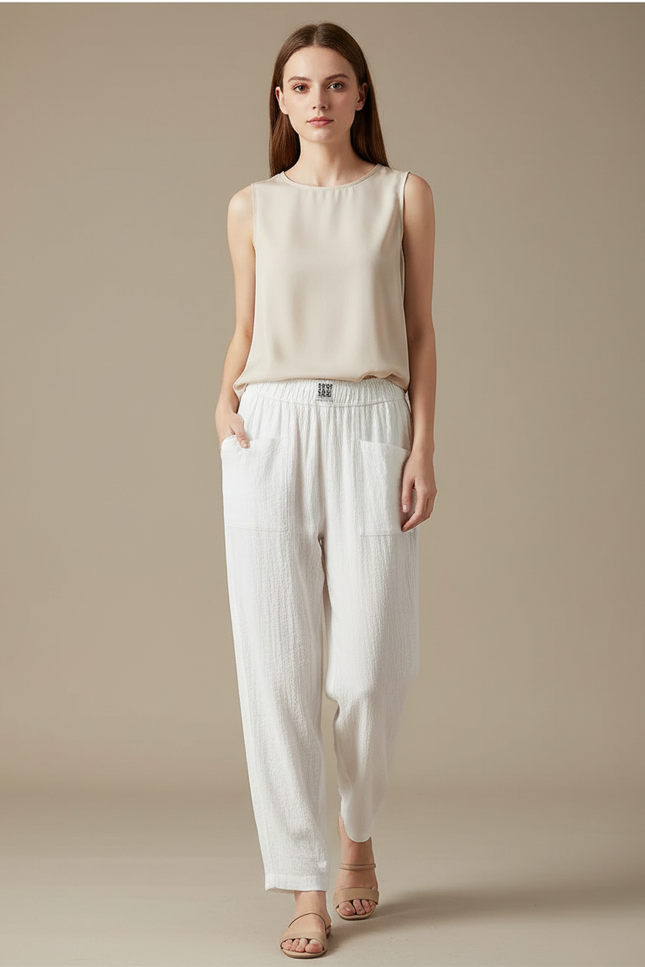 Pantalon Chinois Blanc Ample Texturé Décontracté Coton Lin