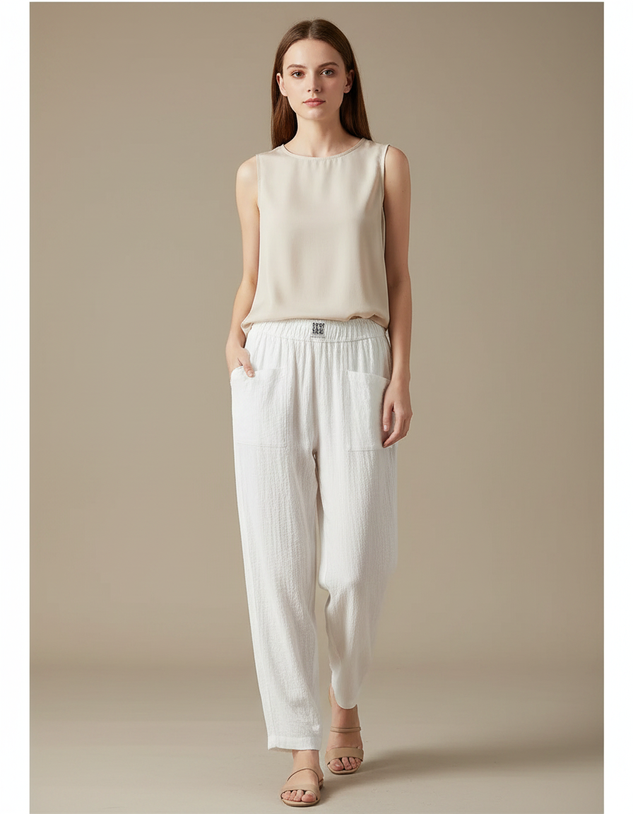 Pantalon Chinois Blanc Ample Texturé Décontracté Coton Lin