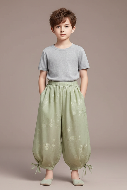 Pantalon Chinois Vert Ample Brodé Fleurs Enfant - Lin