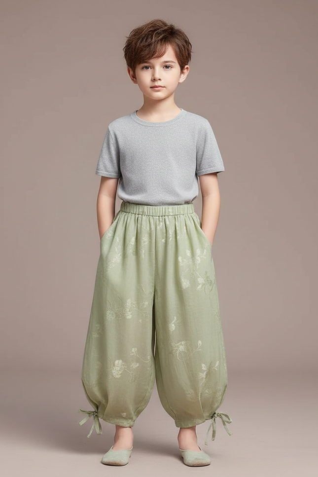 Pantalon Chinois Vert Ample Brodé Fleurs Enfant - Lin