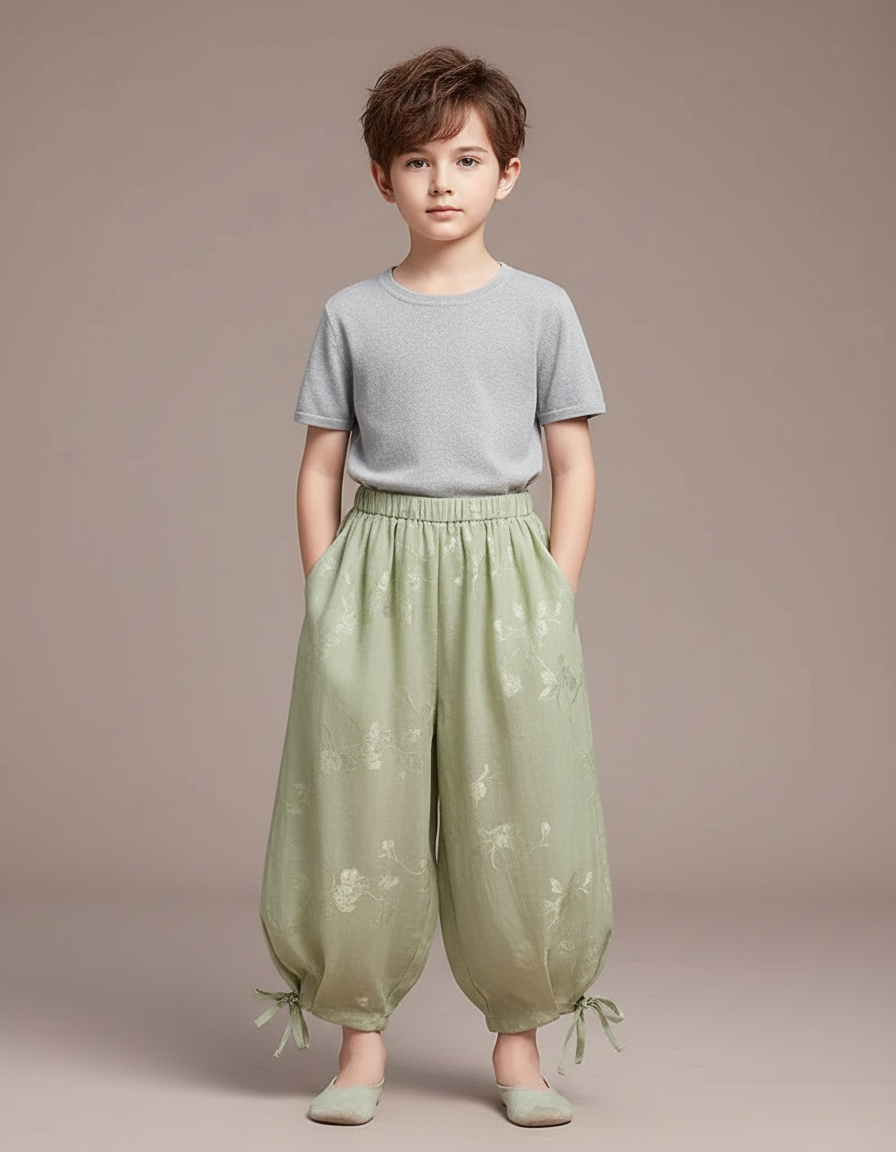 Pantalon Chinois Vert Ample Brodé Fleurs Enfant - Lin