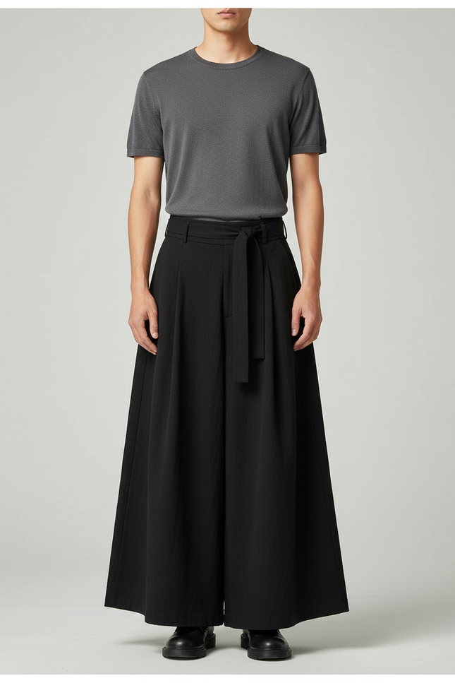Pantalon Chinois Noir Ample Ceinturé Fluide Homme - Viscose
