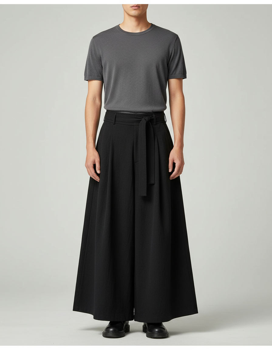Pantalon Chinois Noir Ample Ceinturé Fluide Homme - Viscose