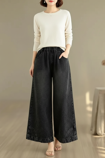 Pantalon Chinois Denim Large Ample Noir Décontracté - Jean