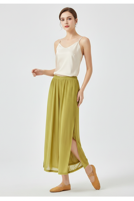 Pantalon Chinois Vert Fluide Ample Fendu Élégant - Viscose