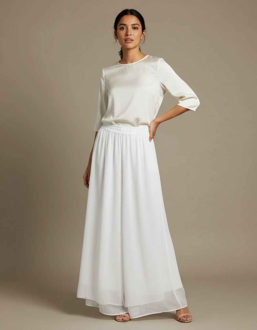 Pantalon Chinois Blanc Fluide Ample Élégant Femme - Soie