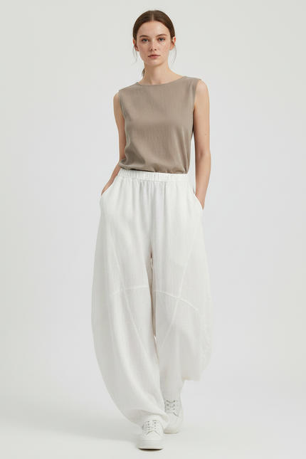 Pantalon Chinois Femme Blanc Sarouel - Lin