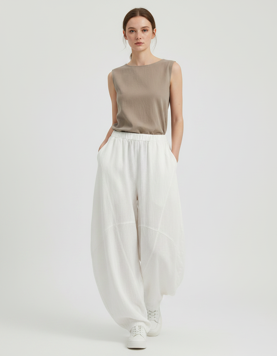 Pantalon Chinois Femme Blanc Sarouel - Lin