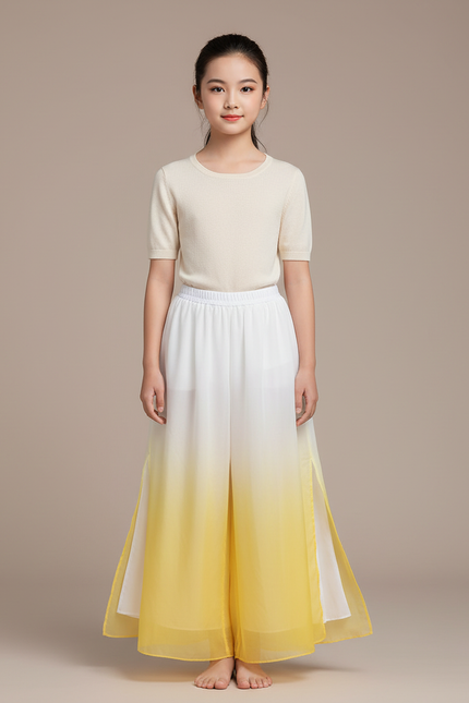 Pantalon Chinois Dégradé Fluide Ample Fendu Jaune - Polyester