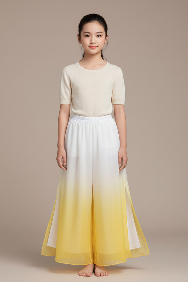 Pantalon Chinois Dégradé Fluide Ample Fendu Jaune - Polyester