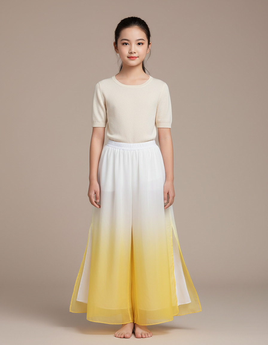 Pantalon Chinois Dégradé Fluide Ample Fendu Jaune - Polyester
