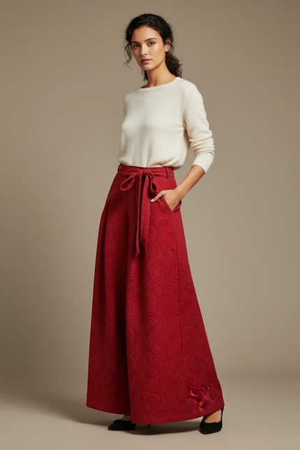 Pantalon Chinois Rouge Jacquard Ample Élégant Femme - Laine