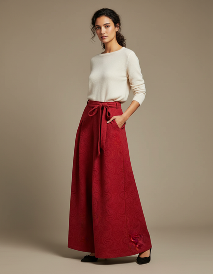 Pantalon Chinois Rouge Jacquard Ample Élégant Femme - Laine