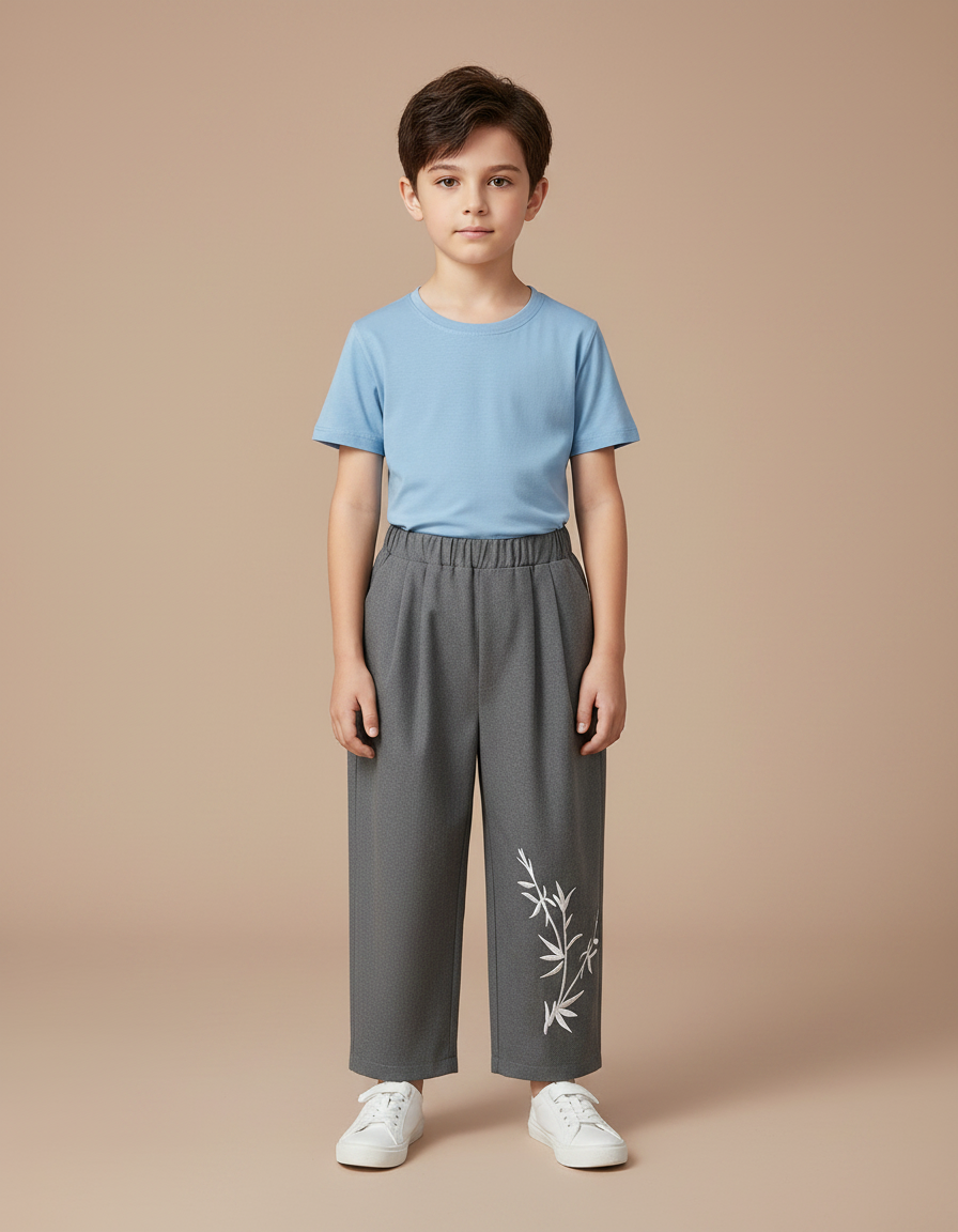 Pantalon Chinois Gris Ample Bambou Enfant Décontracté - Polyester