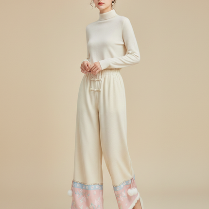 Pantalon Chinois Beige Fleur Rose Pompons Hiver - Cordé