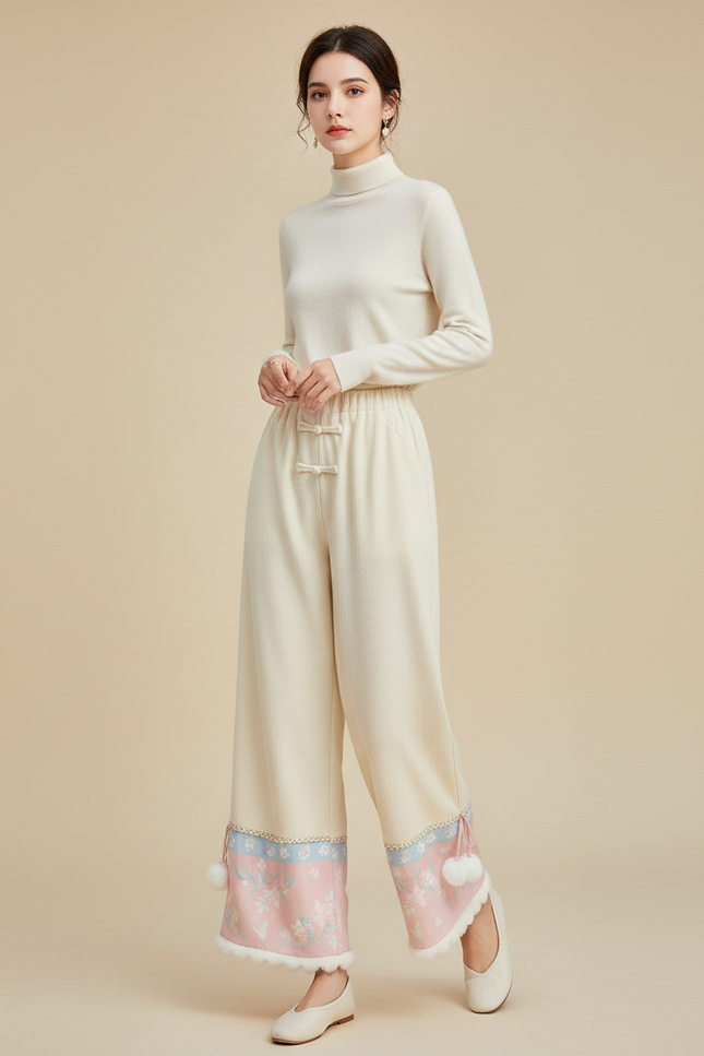 Pantalon Chinois Beige Fleur Rose Pompons Hiver - Cordé