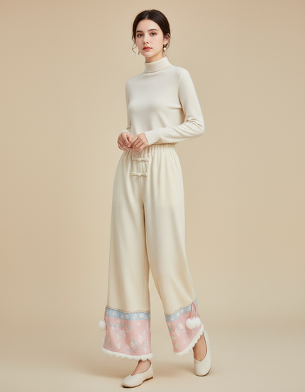 Pantalon Chinois Beige Fleur Rose Pompons Hiver - Cordé