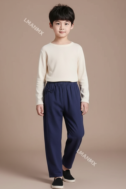Pantalon Chinois Bleu Marine Ample Coton Lin Enfant