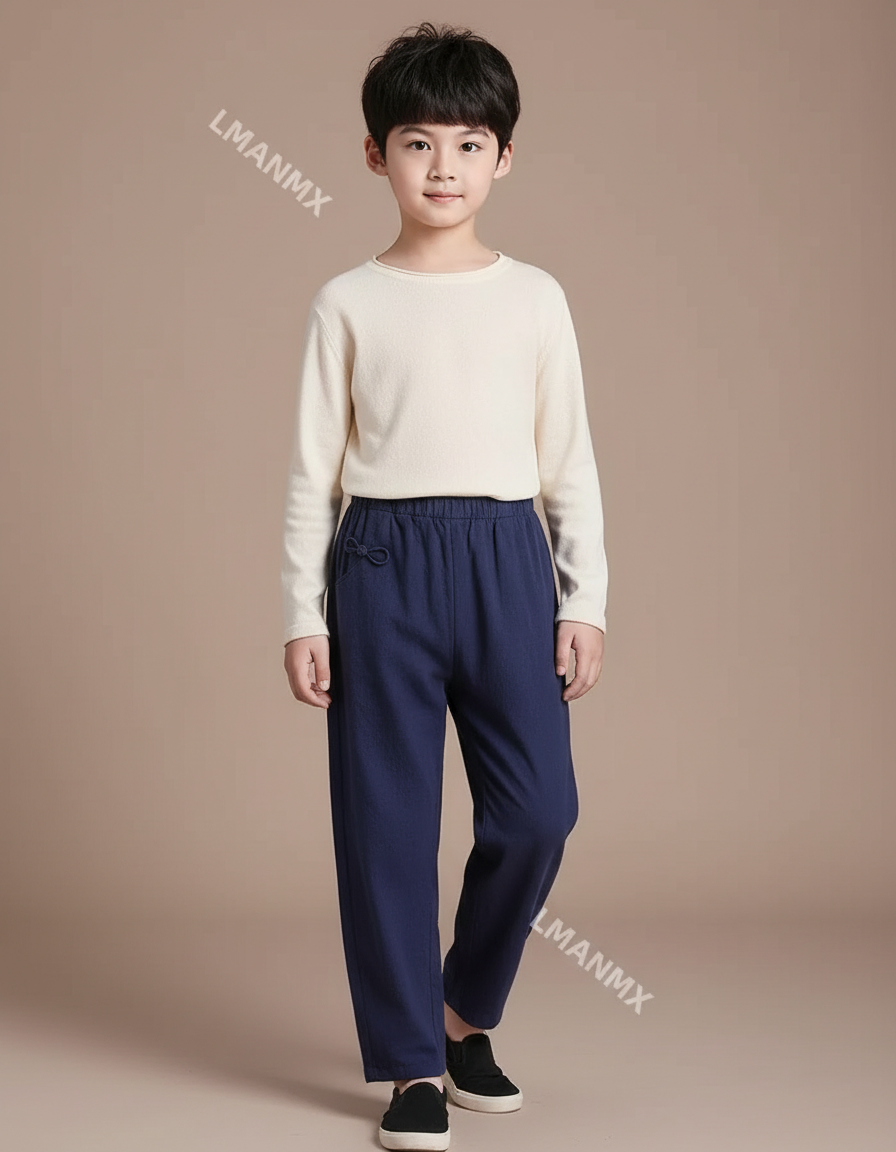 Pantalon Chinois Bleu Marine Ample Coton Lin Enfant